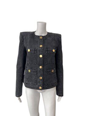 $2075 Balmain Black Acid Wash Gold Button Denim Jacket size FR 38/6
